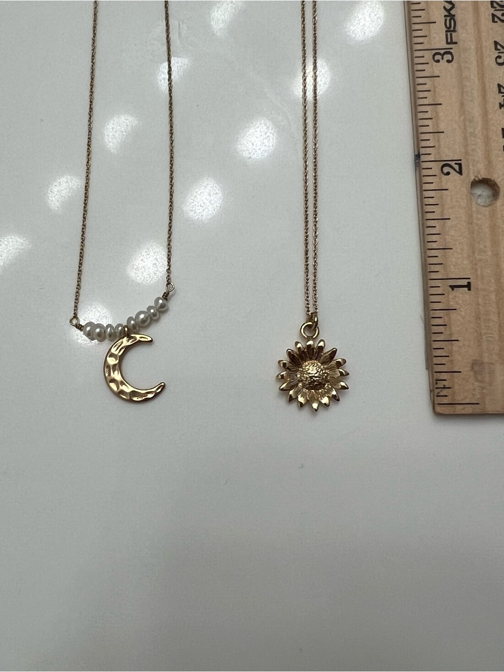 Lot of (2) Gold Tone Charm Pendant Necklaces Moon & Sunburst Adjustable 18"
